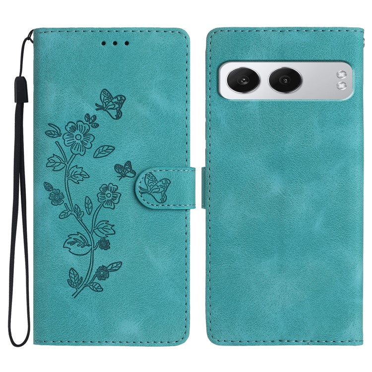 For OnePlus Nord 4 Case Leather Imprinted Flower Phone Cover Wallet with Wrist Strap - Sky Blue