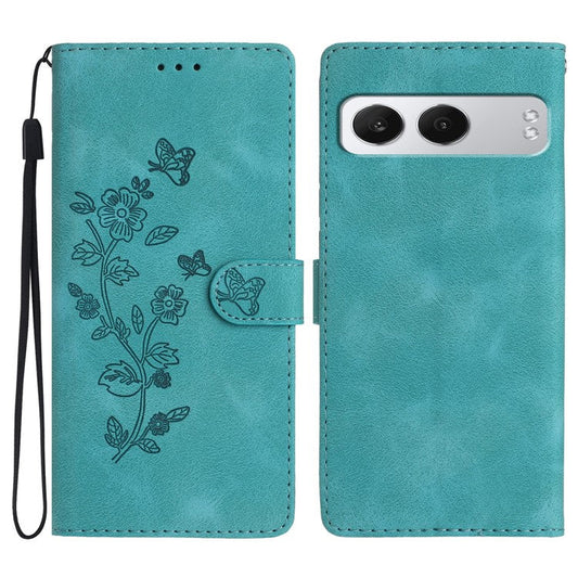 For OnePlus Nord 4 Case Leather Imprinted Flower Phone Cover Wallet with Wrist Strap - Sky Blue