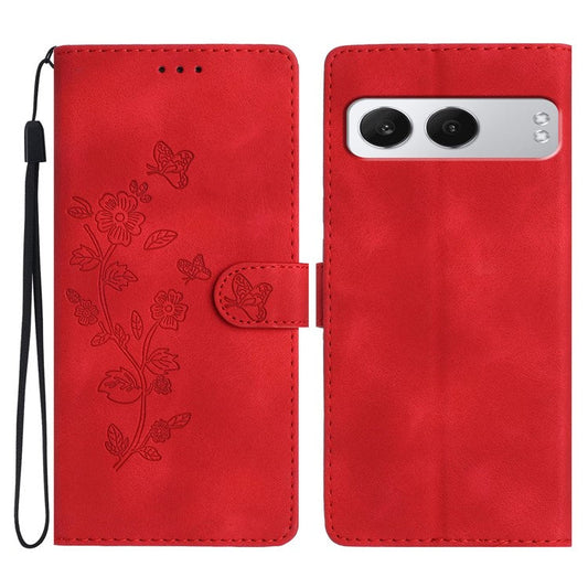 For OnePlus Nord 4 Case Leather Imprinted Flower Phone Cover Wallet with Wrist Strap - Red