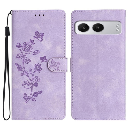 For OnePlus Nord 4 Case Leather Imprinted Flower Phone Cover Wallet with Wrist Strap - Purple