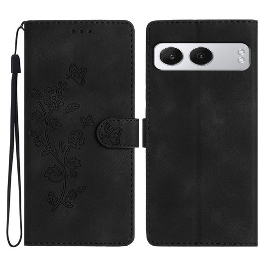 For OnePlus Nord 4 Case Leather Imprinted Flower Phone Cover Wallet with Wrist Strap - Black