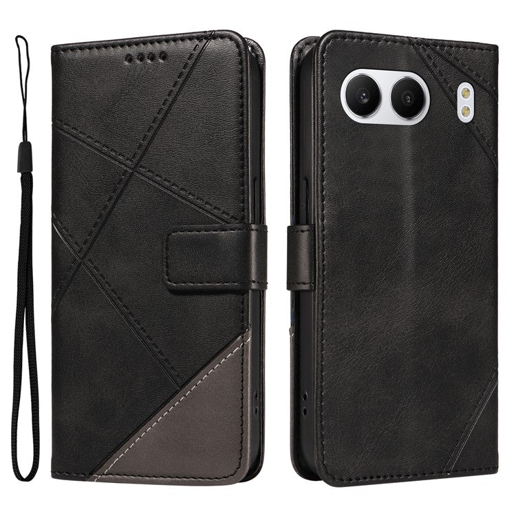 For OnePlus Nord 4 Case Leather Geometric Line Wallet Phone Cover with Wrist Strap - Black
