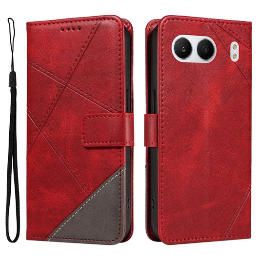 For OnePlus Nord 4 Case Leather Geometric Line Wallet Phone Cover with Wrist Strap - Red