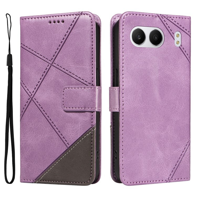 For OnePlus Nord 4 Case Leather Geometric Line Wallet Phone Cover with Wrist Strap - Purple