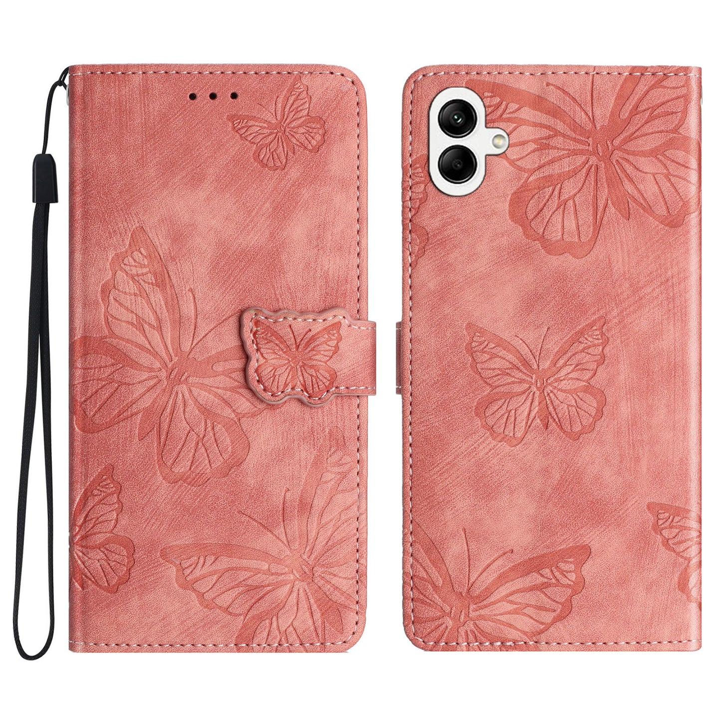 For Samsung Galaxy A06 Case Butterfly Design Flip Wallet Leather Phone Cover Skin-Touch - Pink