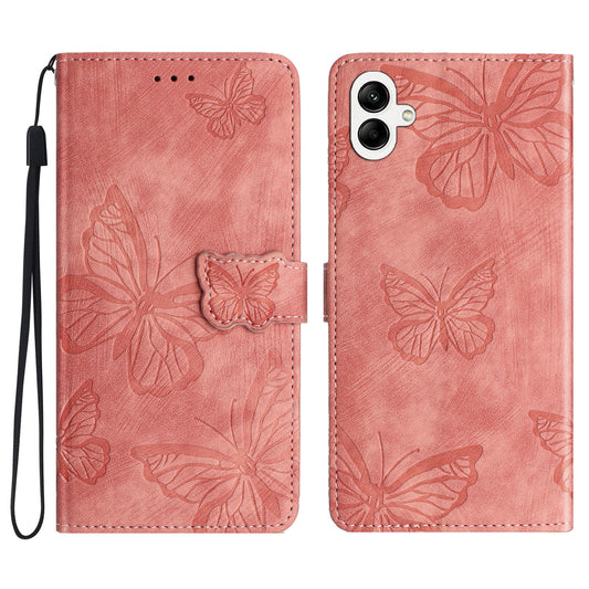 For Samsung Galaxy A06 Case Butterfly Design Flip Wallet Leather Phone Cover Skin-Touch - Pink