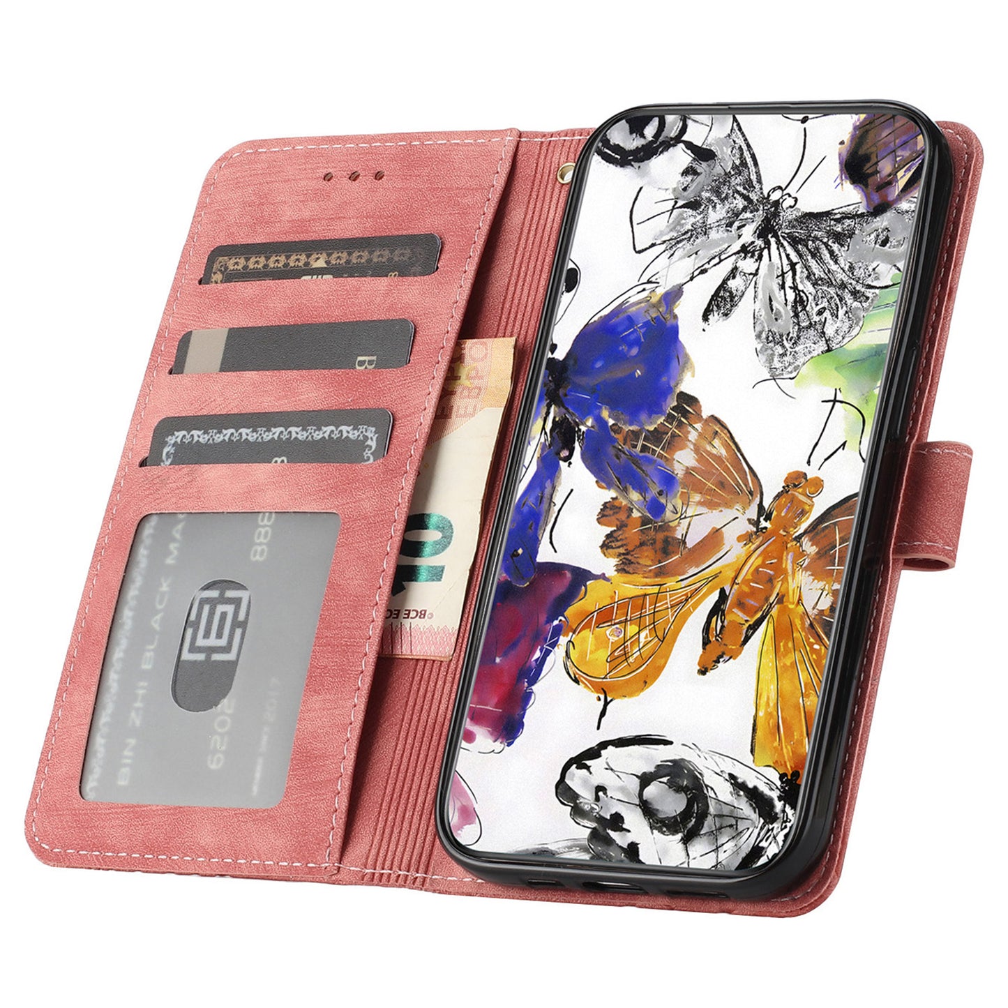 For Samsung Galaxy A06 Case Butterfly Design Flip Wallet Leather Phone Cover Skin-Touch - Pink