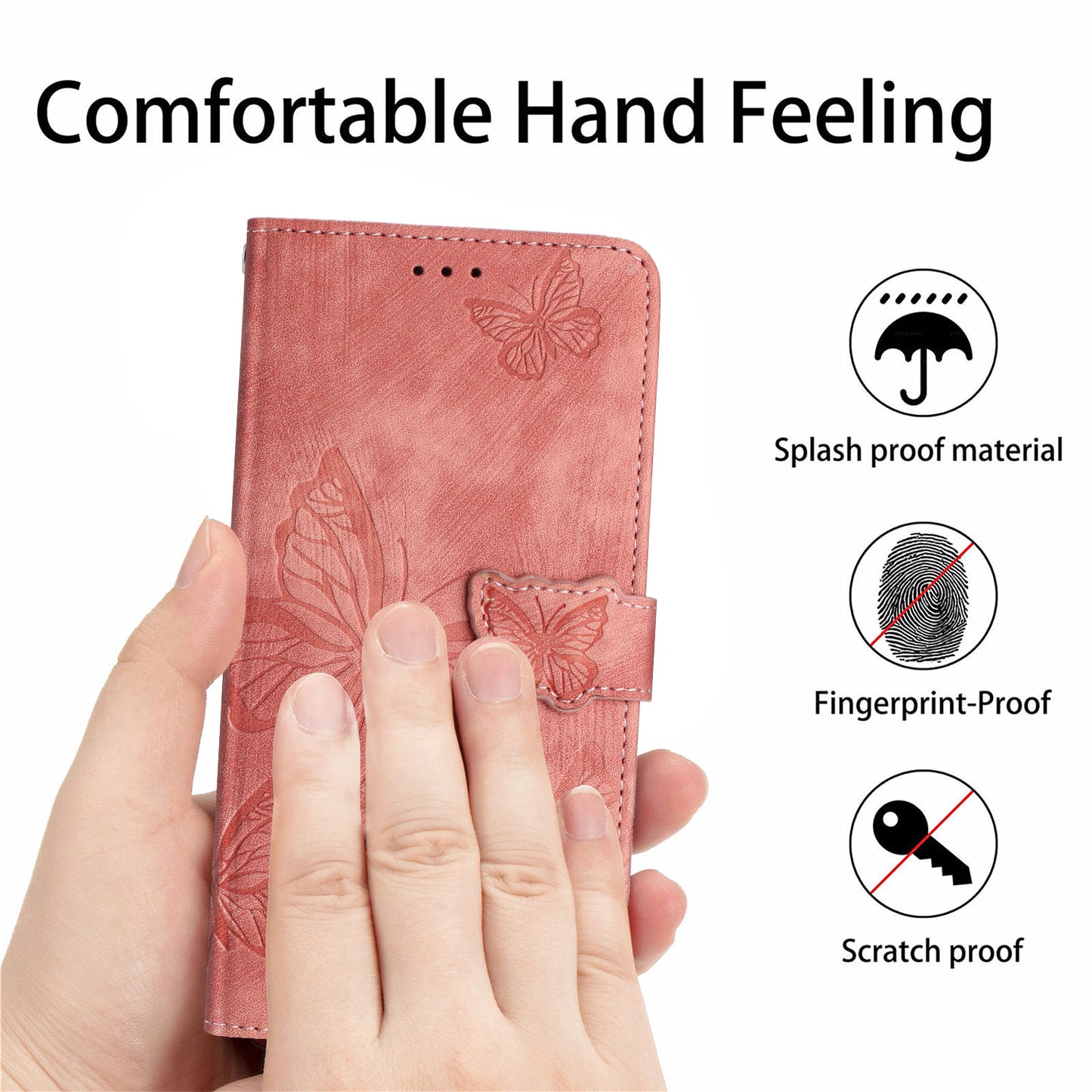For Samsung Galaxy A06 Case Butterfly Design Flip Wallet Leather Phone Cover Skin-Touch - Pink