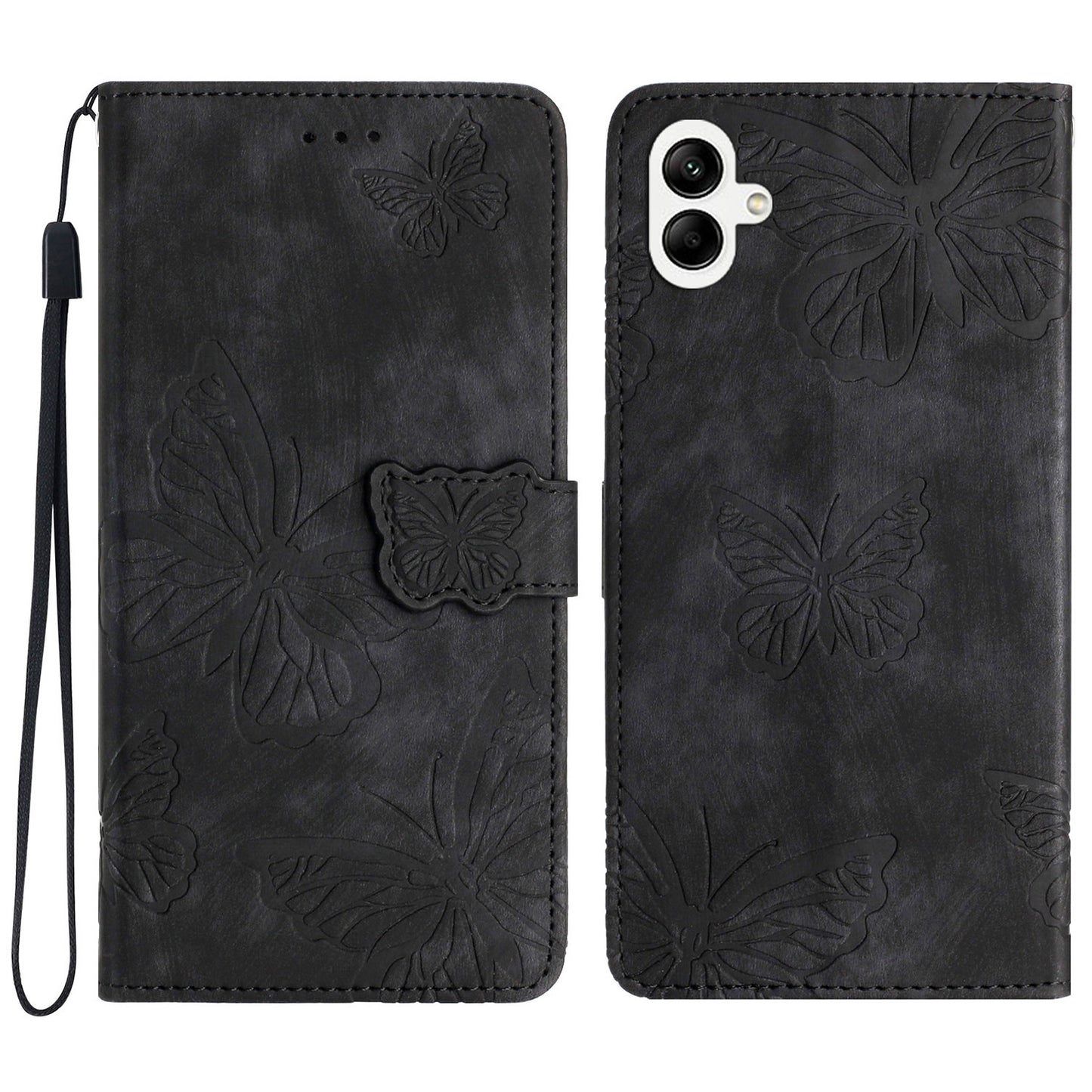 For Samsung Galaxy A06 Case Butterfly Design Flip Wallet Leather Phone Cover Skin-Touch - Black
