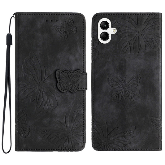 For Samsung Galaxy A06 Case Butterfly Design Flip Wallet Leather Phone Cover Skin-Touch - Black