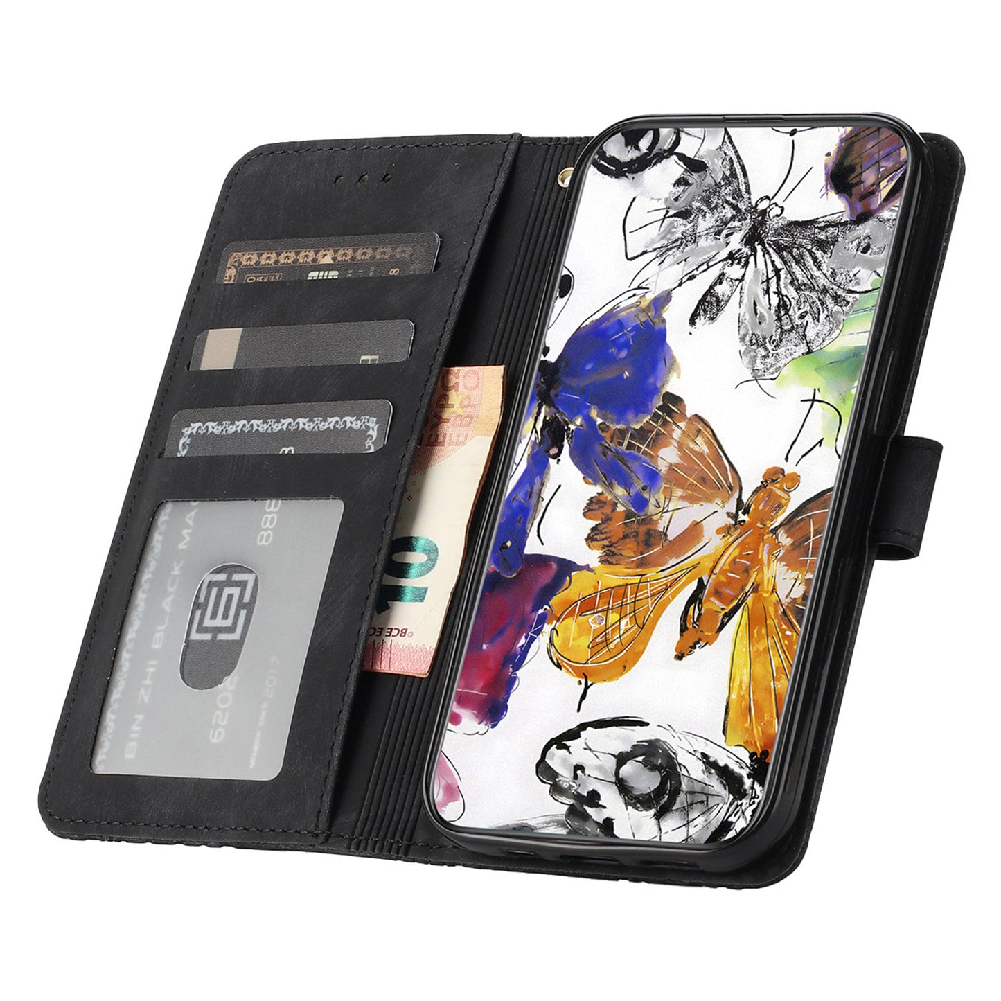 For Samsung Galaxy A06 Case Butterfly Design Flip Wallet Leather Phone Cover Skin-Touch - Black
