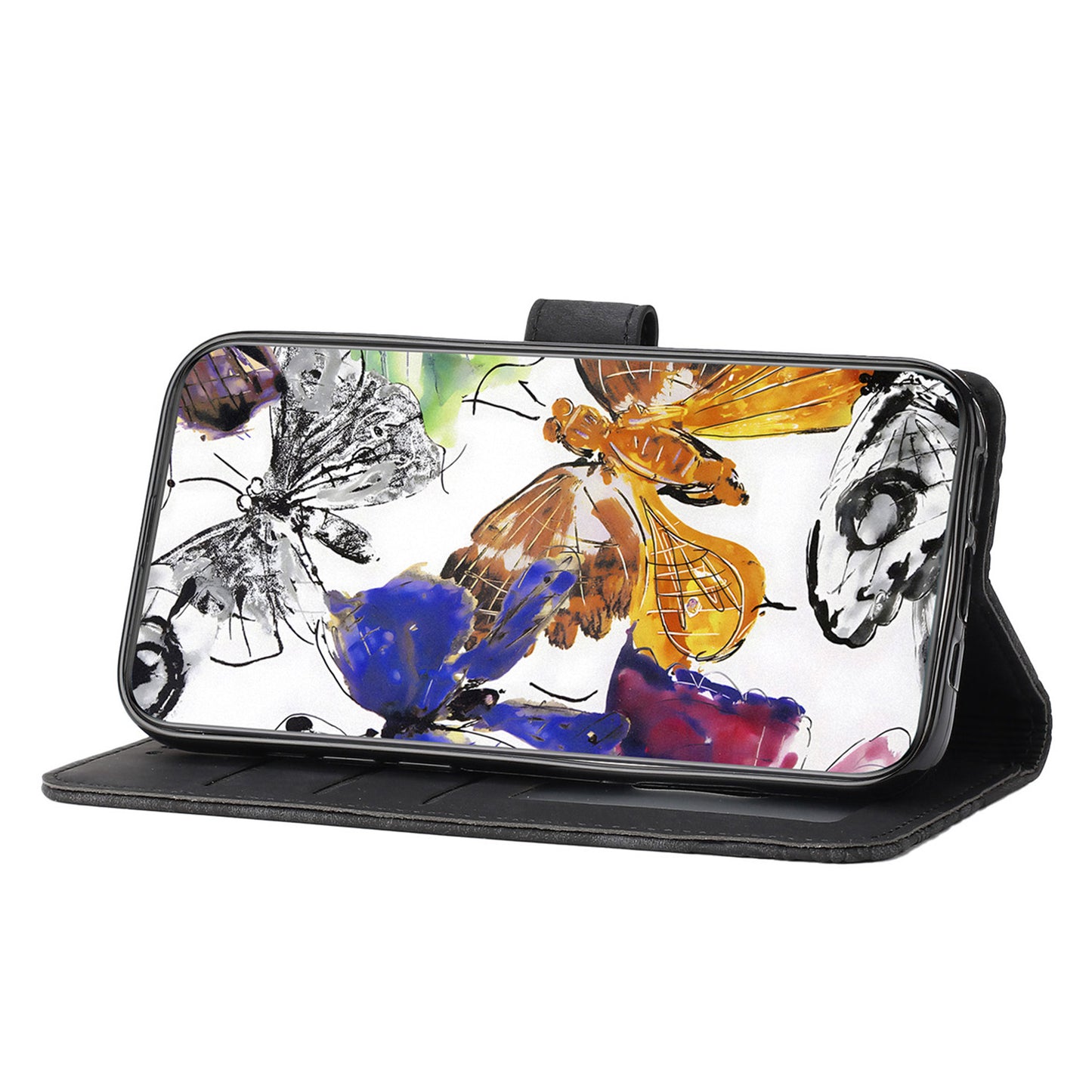 For Samsung Galaxy A06 Case Butterfly Design Flip Wallet Leather Phone Cover Skin-Touch - Black
