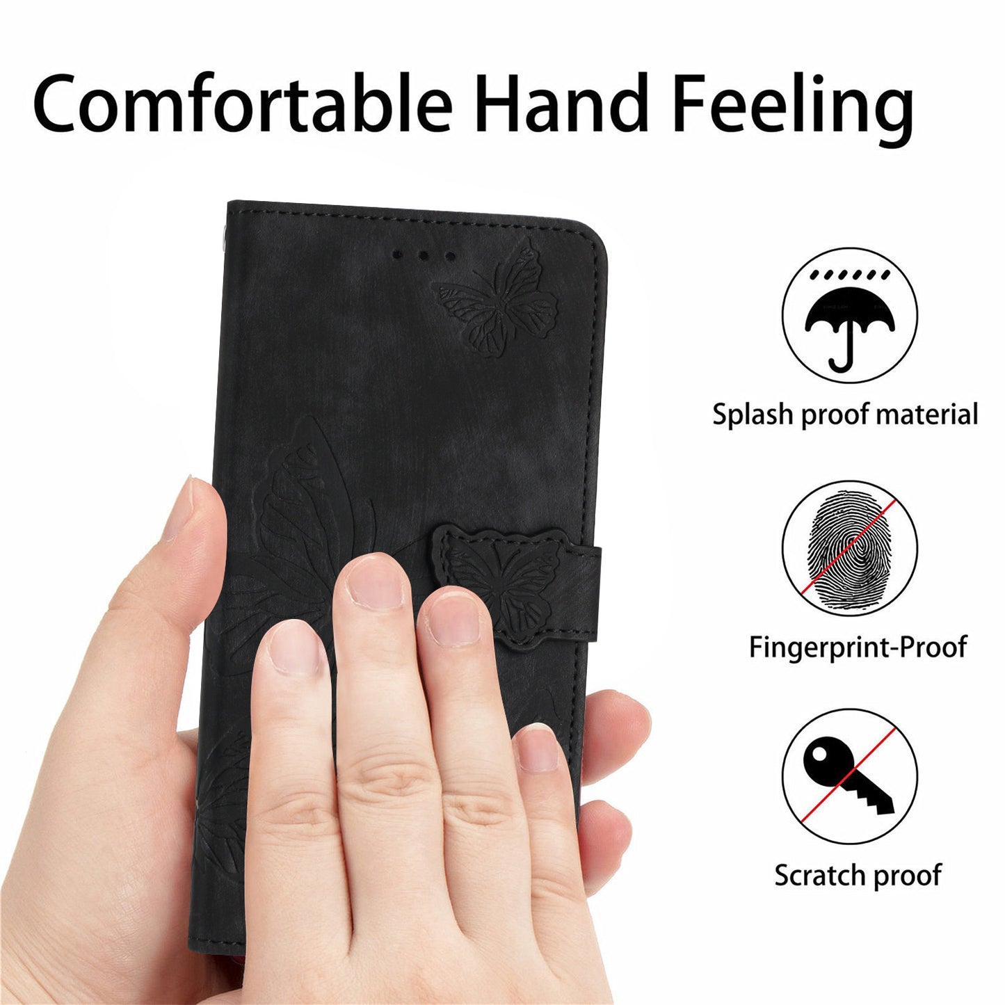 For Samsung Galaxy A06 Case Butterfly Design Flip Wallet Leather Phone Cover Skin-Touch - Black