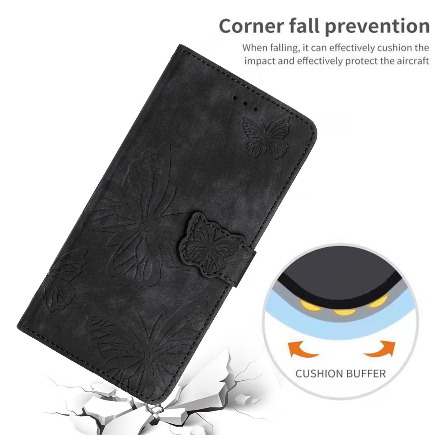 For Samsung Galaxy A06 Case Butterfly Design Flip Wallet Leather Phone Cover Skin-Touch - Black