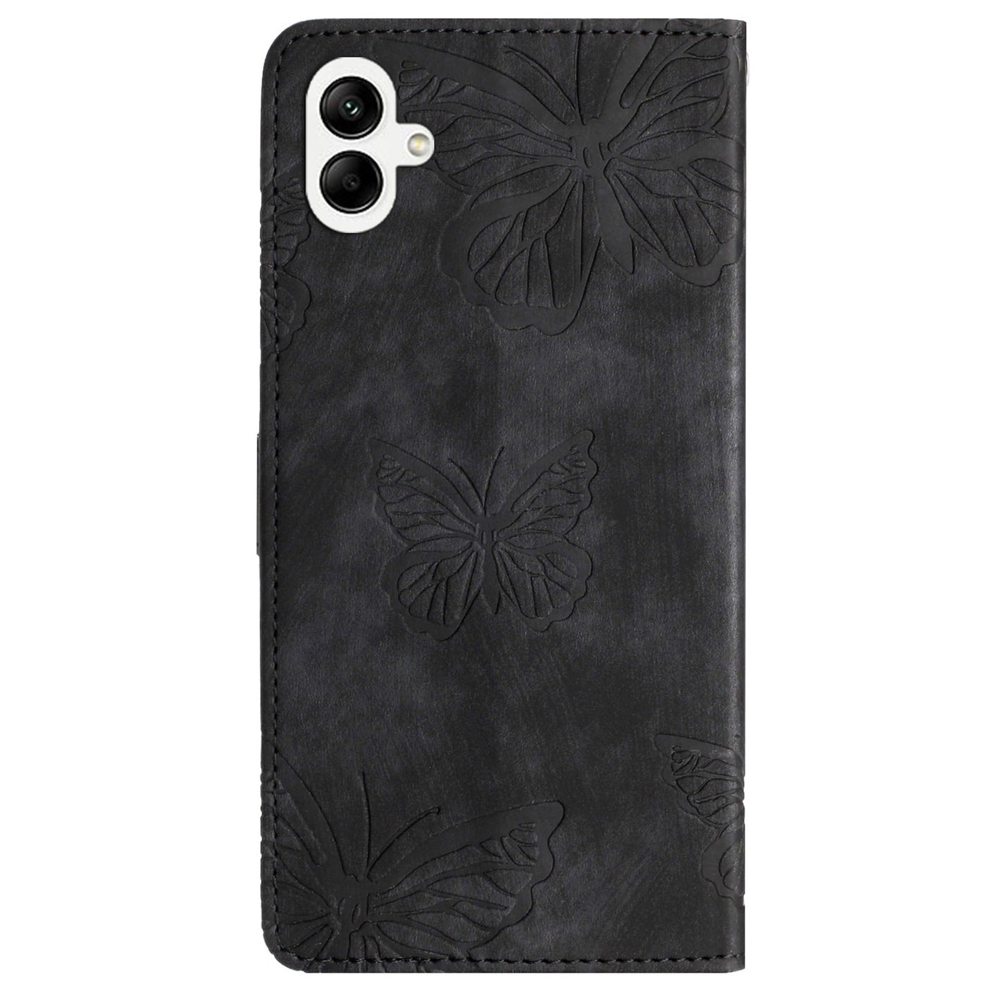 For Samsung Galaxy A06 Case Butterfly Design Flip Wallet Leather Phone Cover Skin-Touch - Black