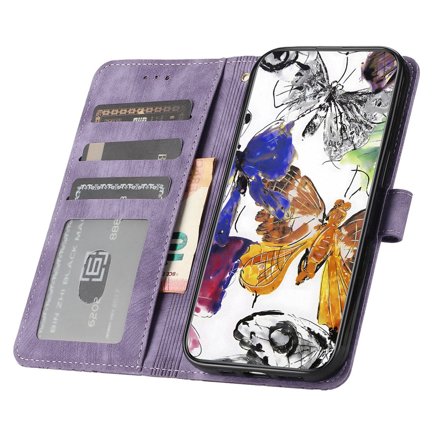 For Samsung Galaxy A06 Case Butterfly Design Flip Wallet Leather Phone Cover Skin-Touch - Purple