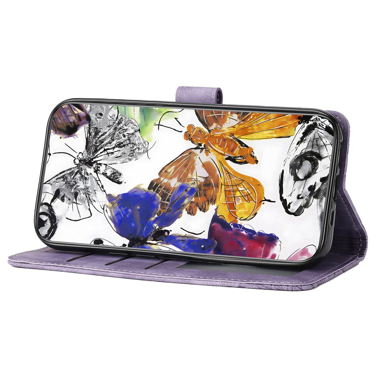 For Samsung Galaxy A06 Case Butterfly Design Flip Wallet Leather Phone Cover Skin-Touch - Purple