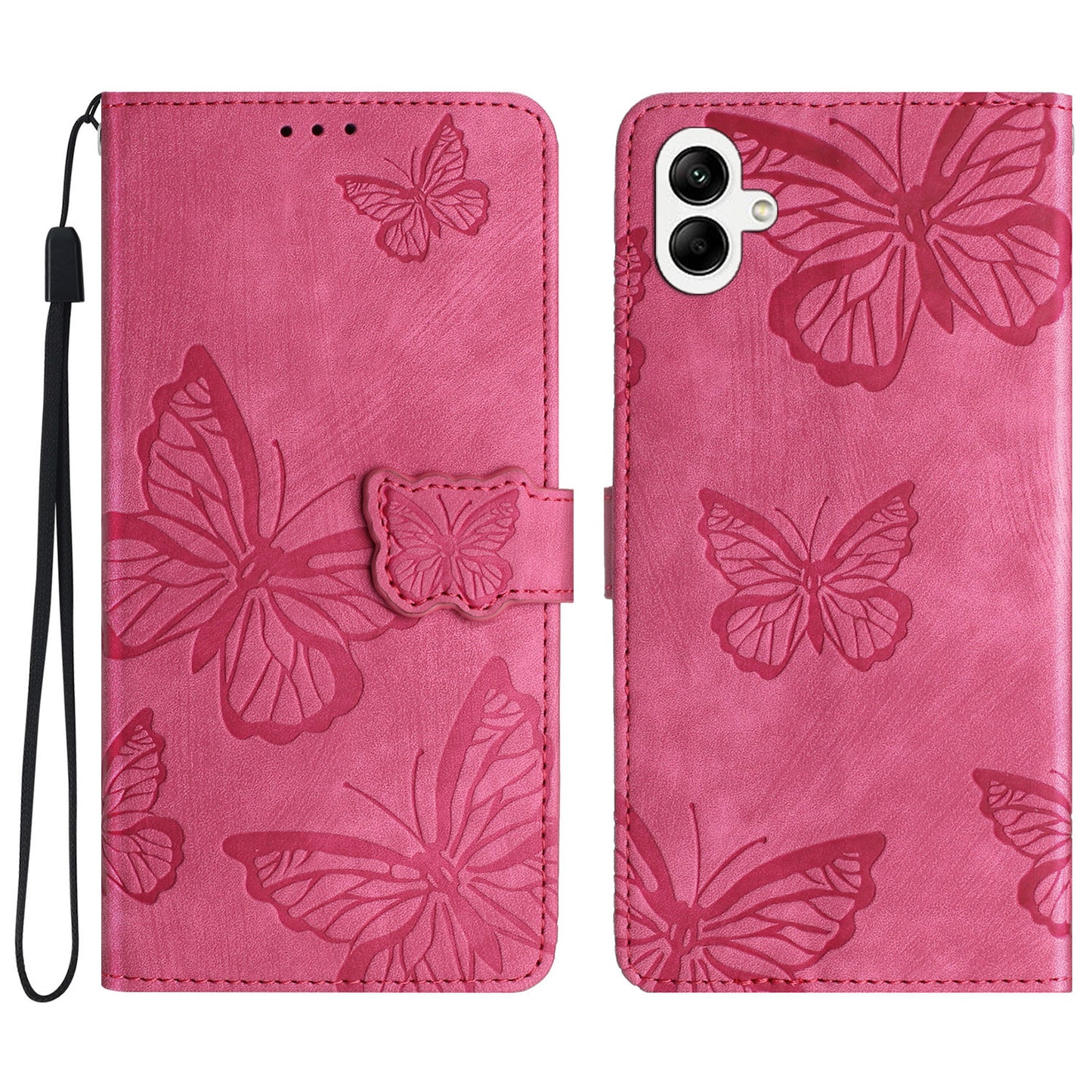 For Samsung Galaxy A06 Case Butterfly Design Flip Wallet Leather Phone Cover Skin-Touch - Rose