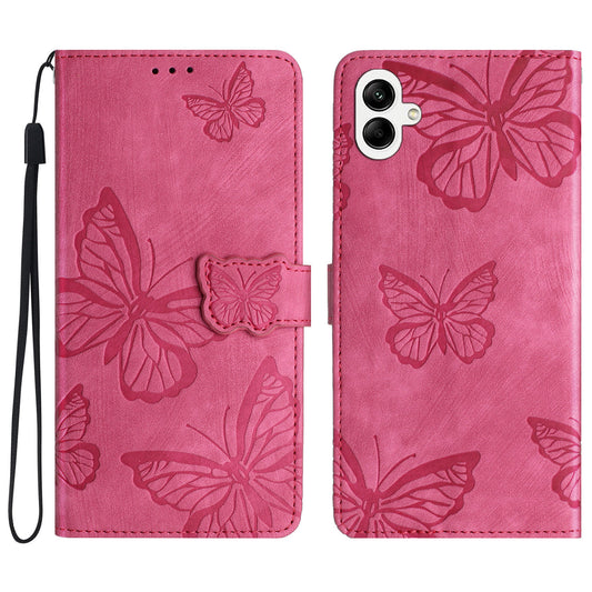 For Samsung Galaxy A06 Case Butterfly Design Flip Wallet Leather Phone Cover Skin-Touch - Rose