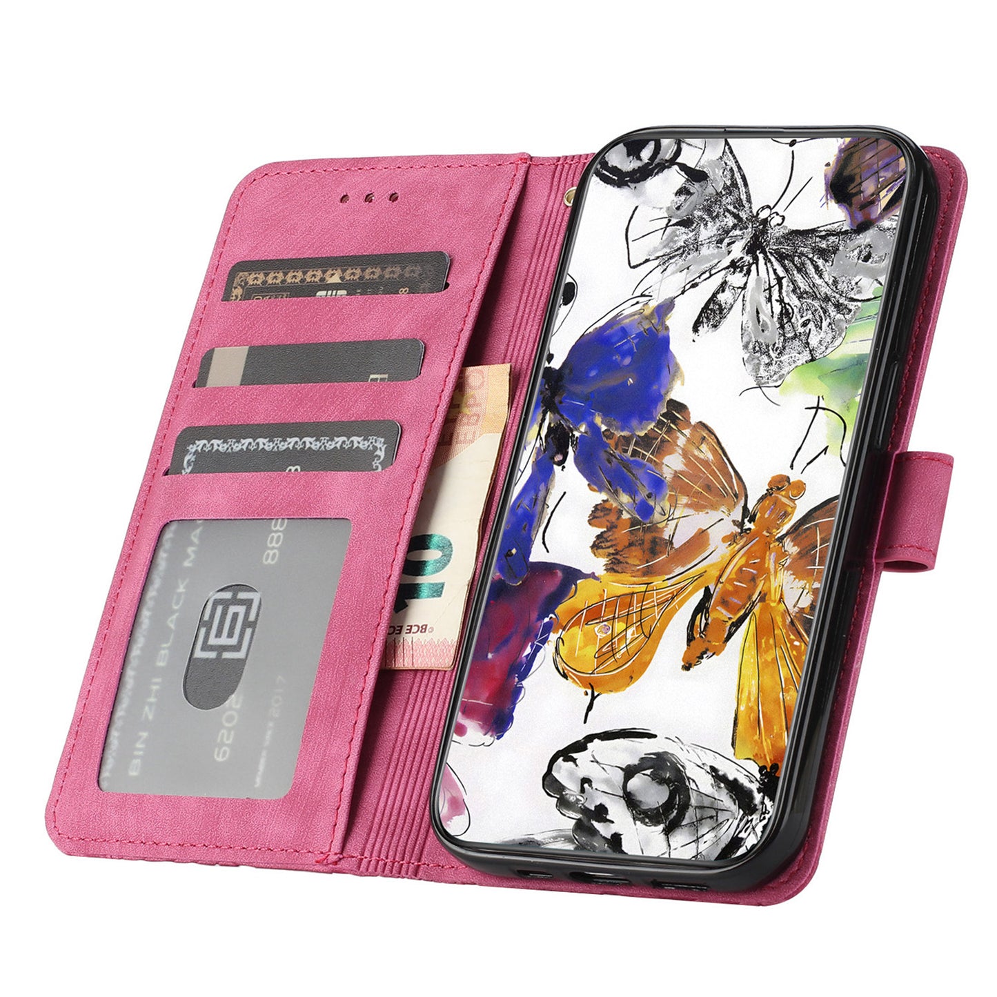 For Samsung Galaxy A06 Case Butterfly Design Flip Wallet Leather Phone Cover Skin-Touch - Rose