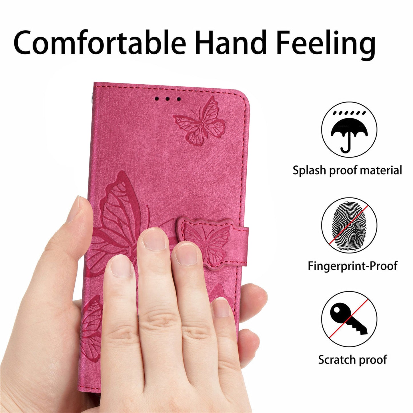 For Samsung Galaxy A06 Case Butterfly Design Flip Wallet Leather Phone Cover Skin-Touch - Rose