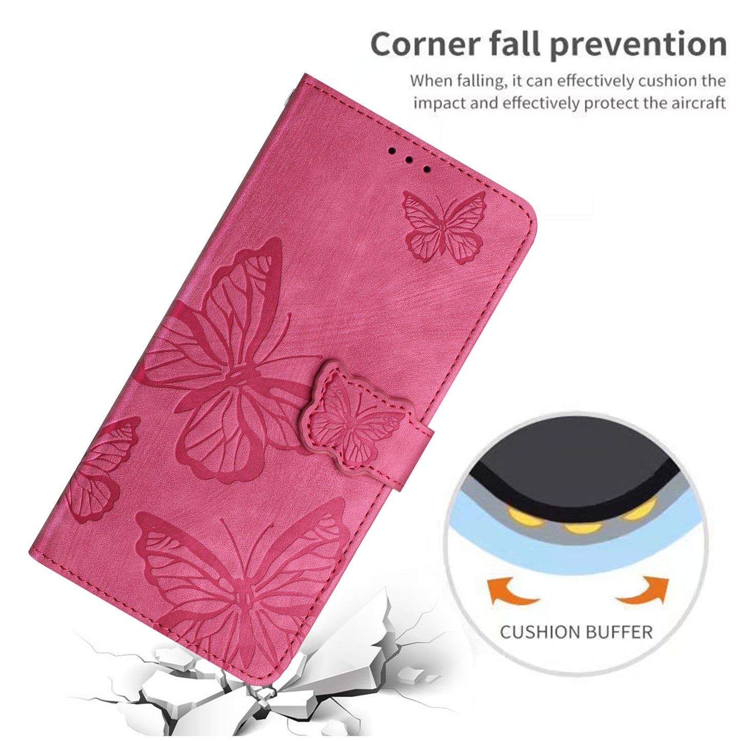 For Samsung Galaxy A06 Case Butterfly Design Flip Wallet Leather Phone Cover Skin-Touch - Rose