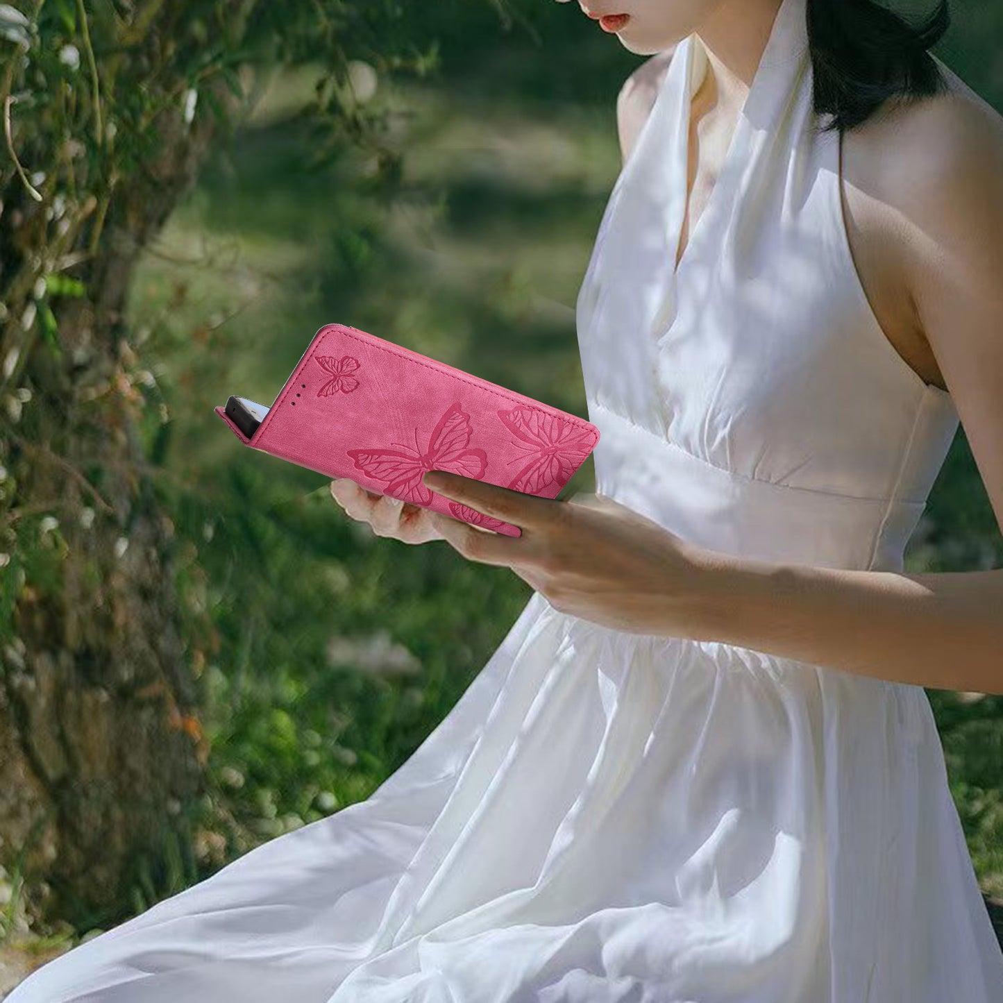 For Samsung Galaxy A06 Case Butterfly Design Flip Wallet Leather Phone Cover Skin-Touch - Rose