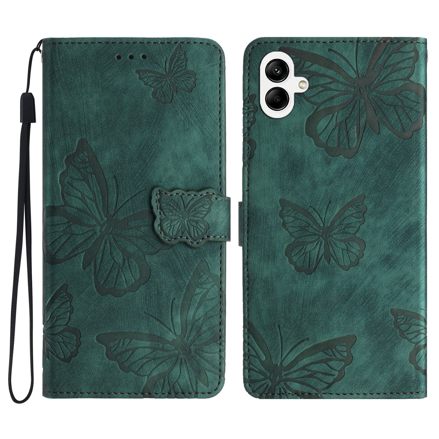 For Samsung Galaxy A06 Case Butterfly Design Flip Wallet Leather Phone Cover Skin-Touch - Green
