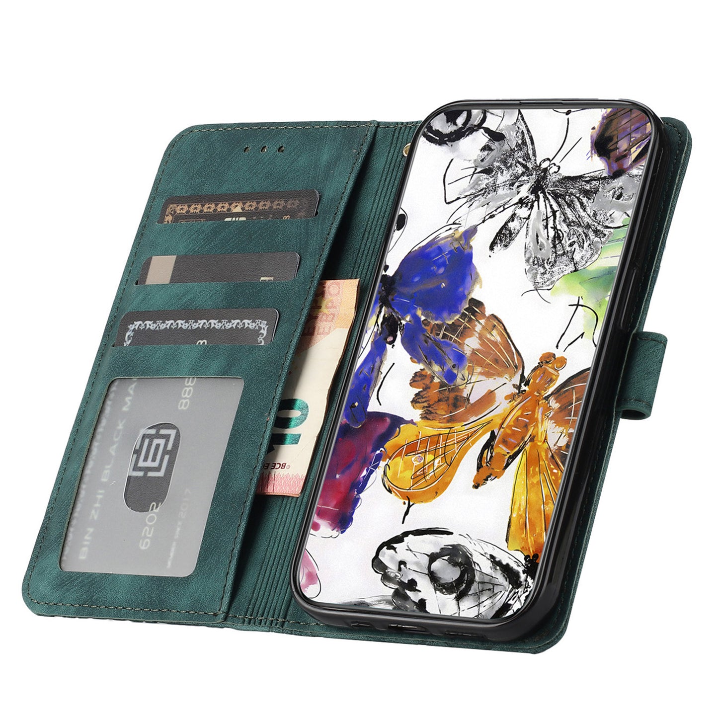 For Samsung Galaxy A06 Case Butterfly Design Flip Wallet Leather Phone Cover Skin-Touch - Green