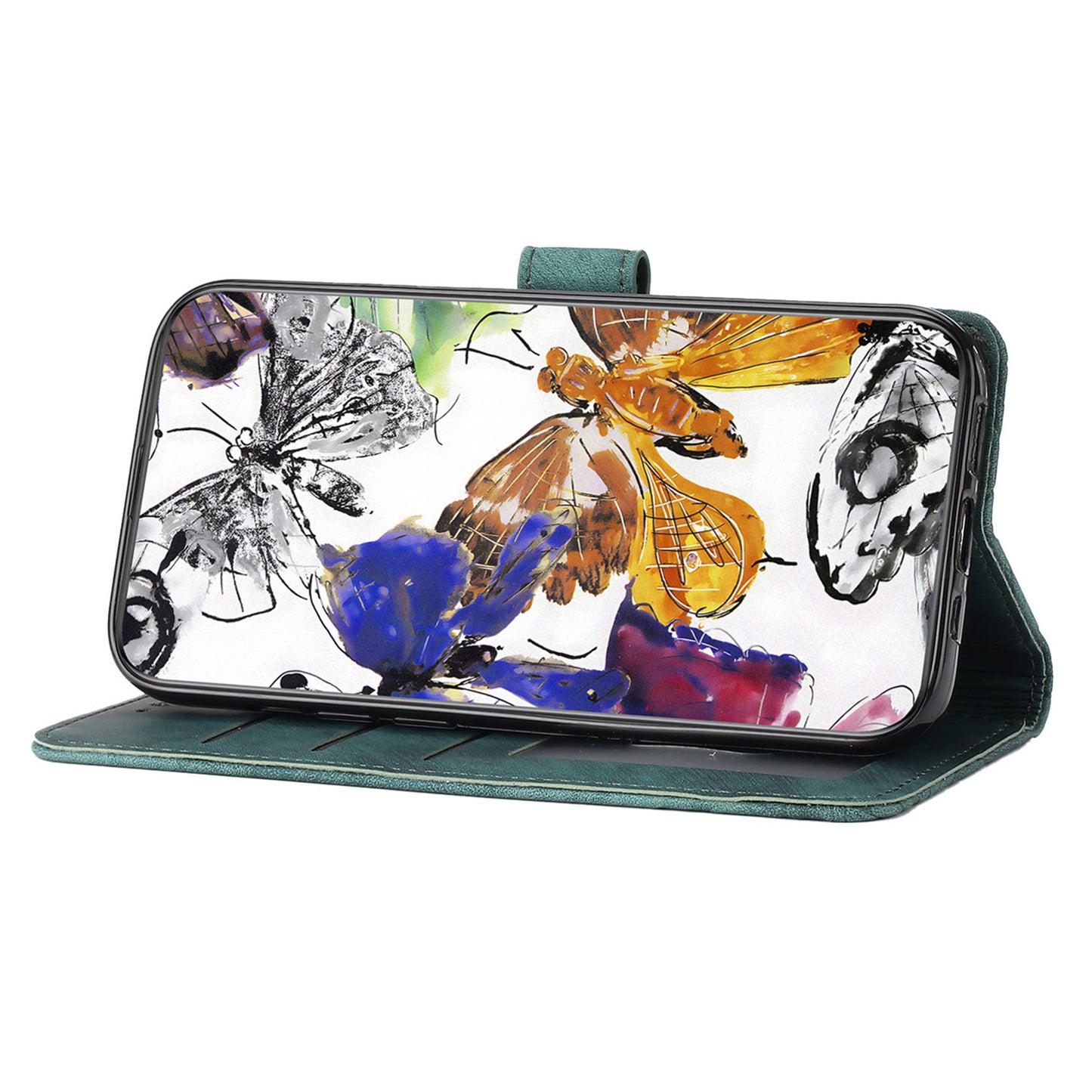 For Samsung Galaxy A06 Case Butterfly Design Flip Wallet Leather Phone Cover Skin-Touch - Green