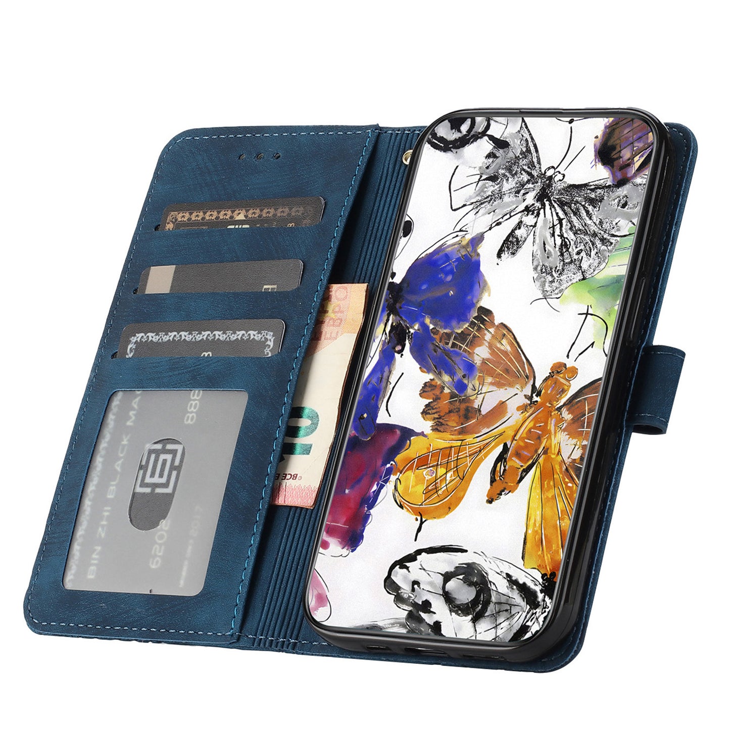 For Samsung Galaxy A06 Case Butterfly Design Flip Wallet Leather Phone Cover Skin-Touch - Blue