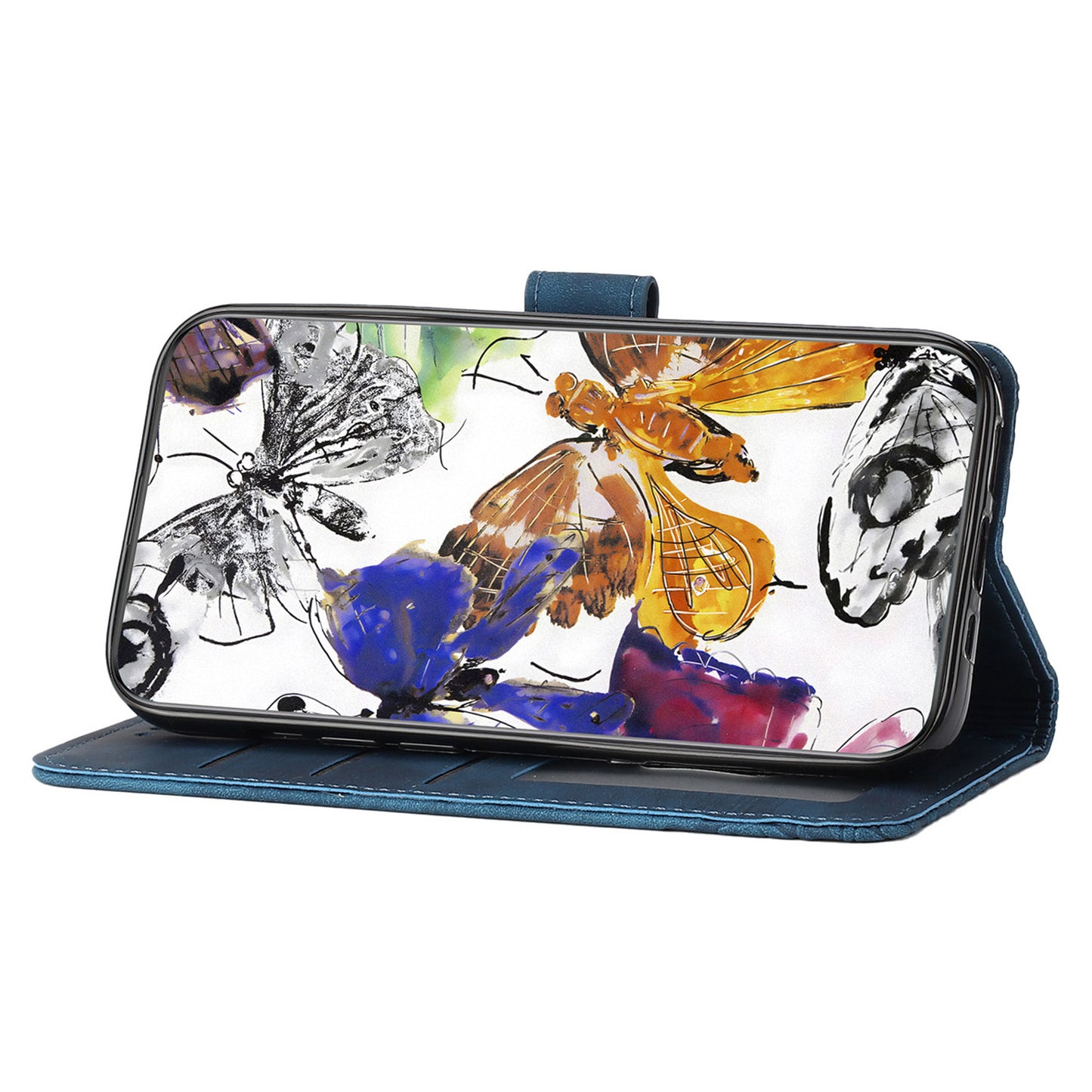 For Samsung Galaxy A06 Case Butterfly Design Flip Wallet Leather Phone Cover Skin-Touch - Blue