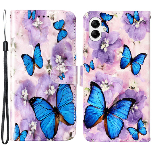 For Samsung Galaxy A06 Case Pattern Leather Wallet Phone Cover with Card Holder - Purple Flower Butterfly