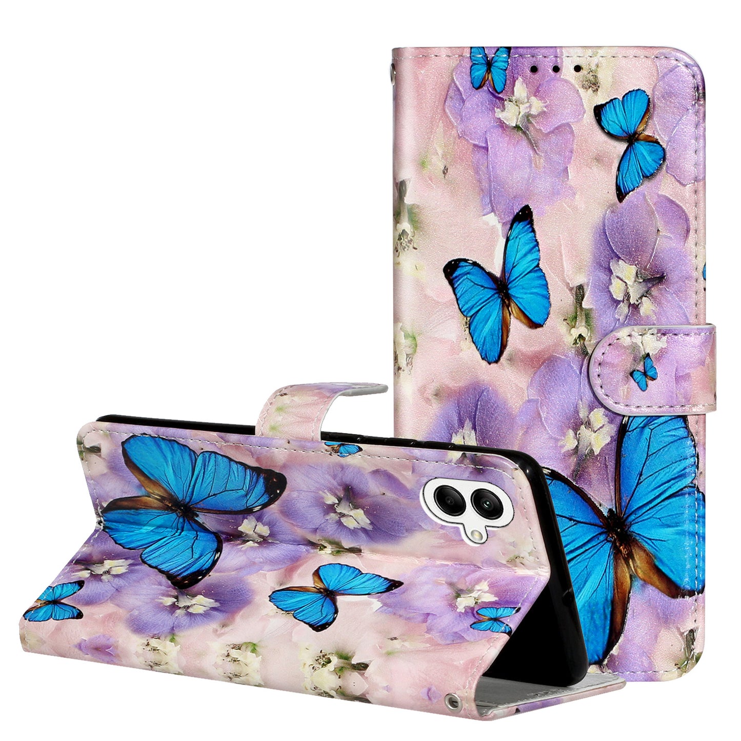For Samsung Galaxy A06 Case Pattern Leather Wallet Phone Cover with Card Holder - Purple Flower Butterfly