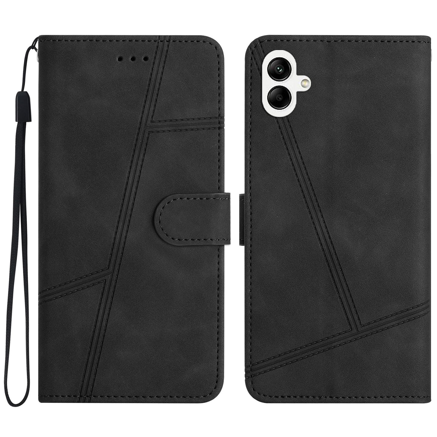 For Samsung Galaxy A06 Case Flip Leather Retro Phone Cover Lines Imprinted - Black