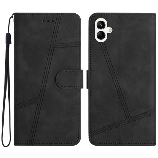 For Samsung Galaxy A06 Case Flip Leather Retro Phone Cover Lines Imprinted - Black