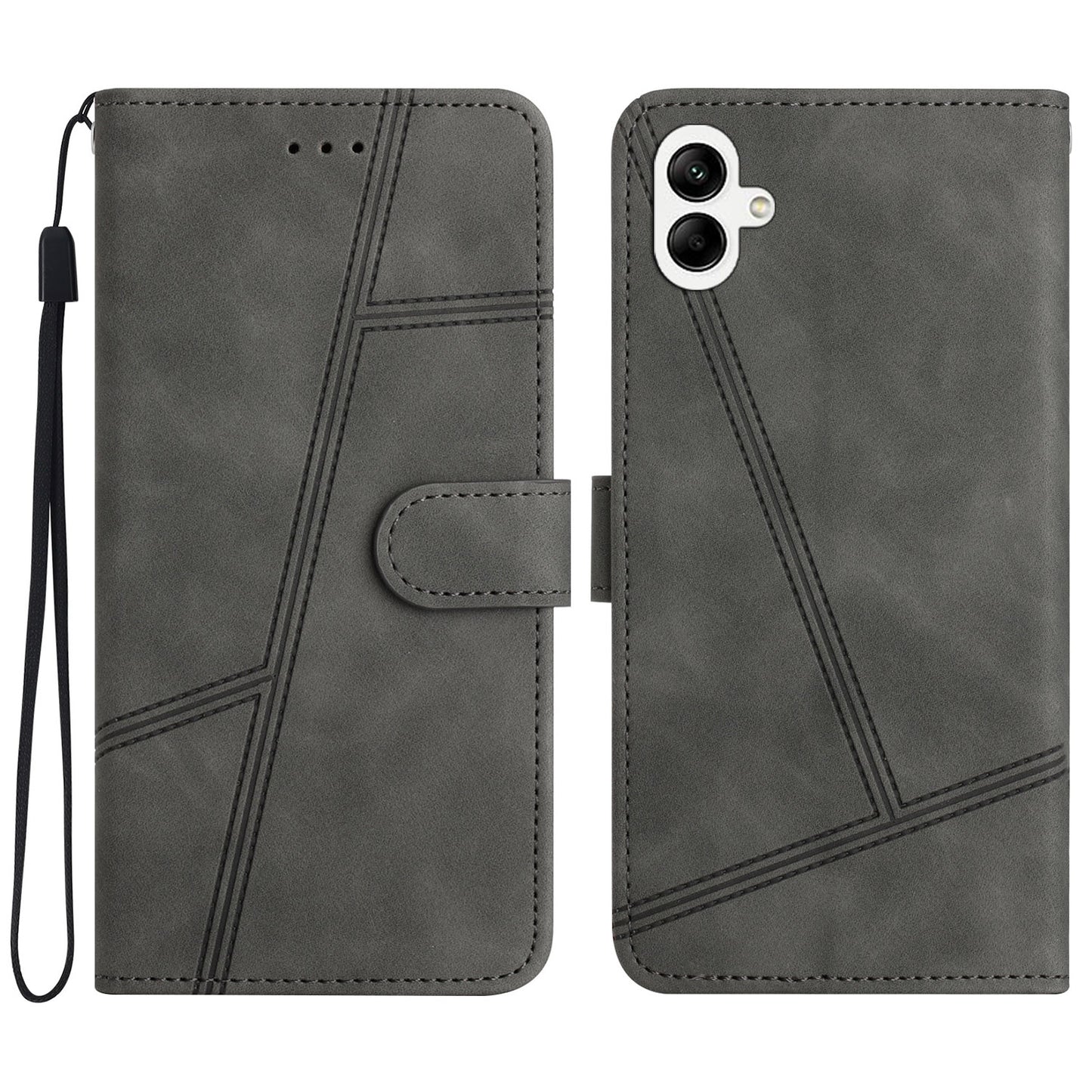 For Samsung Galaxy A06 Case Flip Leather Retro Phone Cover Lines Imprinted - Grey