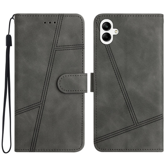 For Samsung Galaxy A06 Case Flip Leather Retro Phone Cover Lines Imprinted - Grey