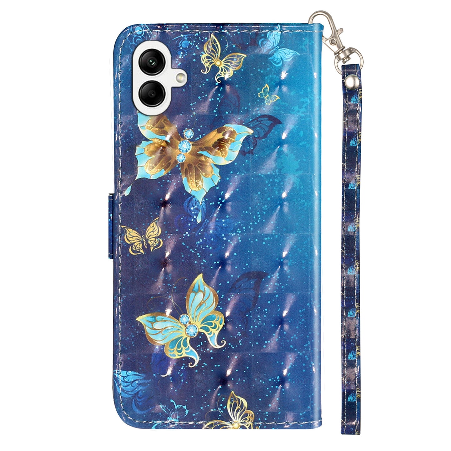 For Samsung Galaxy A06 Case 3D Pattern Printed Phone Leather Phone Cover - Blue Gold Butterflies