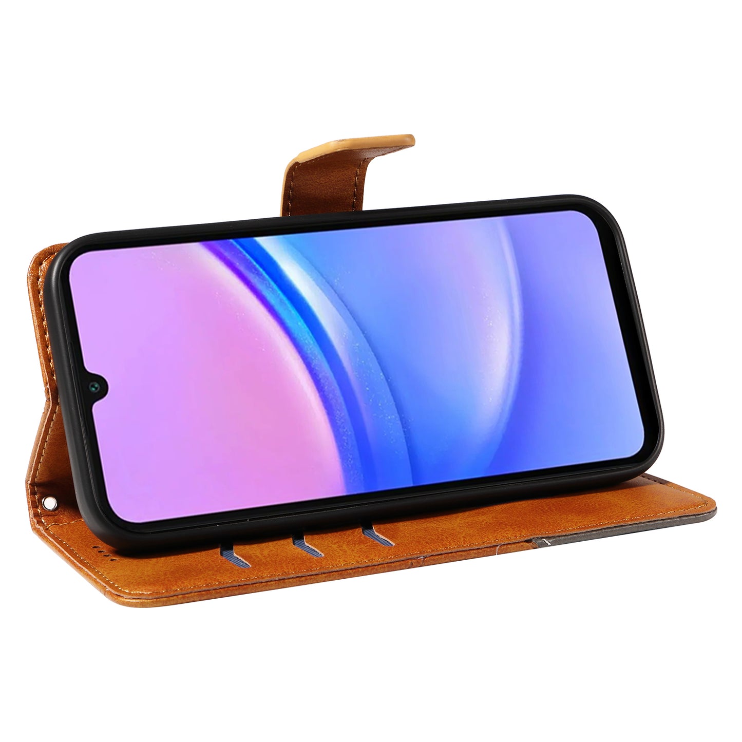 For Samsung Galaxy A16 5G / A16 4G Case Leather Geometric Line Wallet Phone Cover with Wrist Strap - Brown