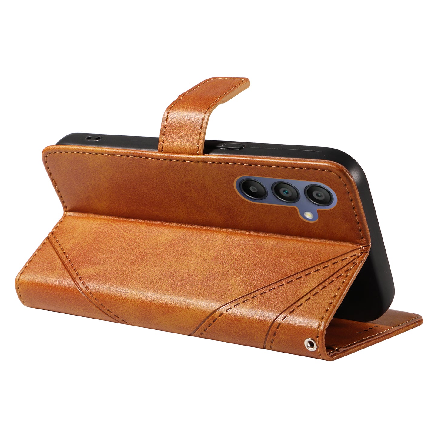 For Samsung Galaxy A16 5G / A16 4G Case Leather Geometric Line Wallet Phone Cover with Wrist Strap - Brown