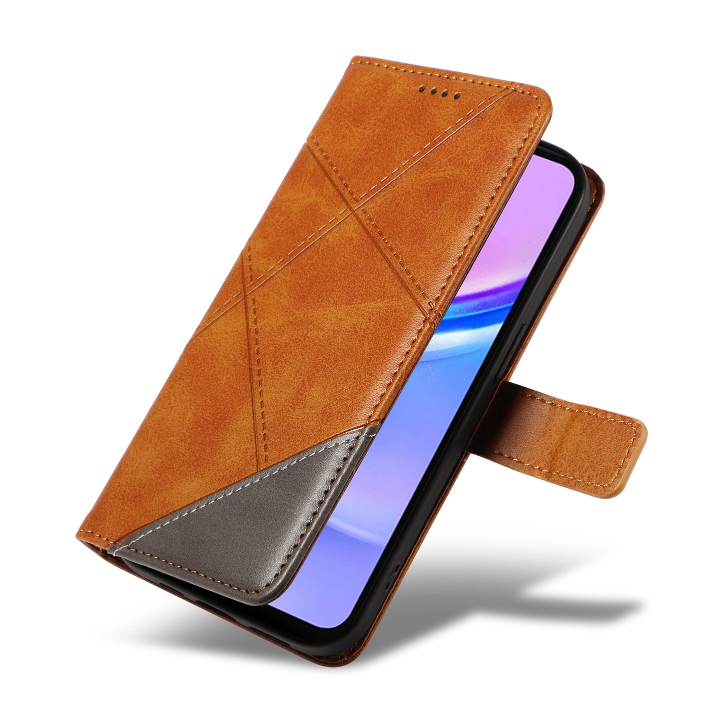 For Samsung Galaxy A16 5G / A16 4G Case Leather Geometric Line Wallet Phone Cover with Wrist Strap - Brown