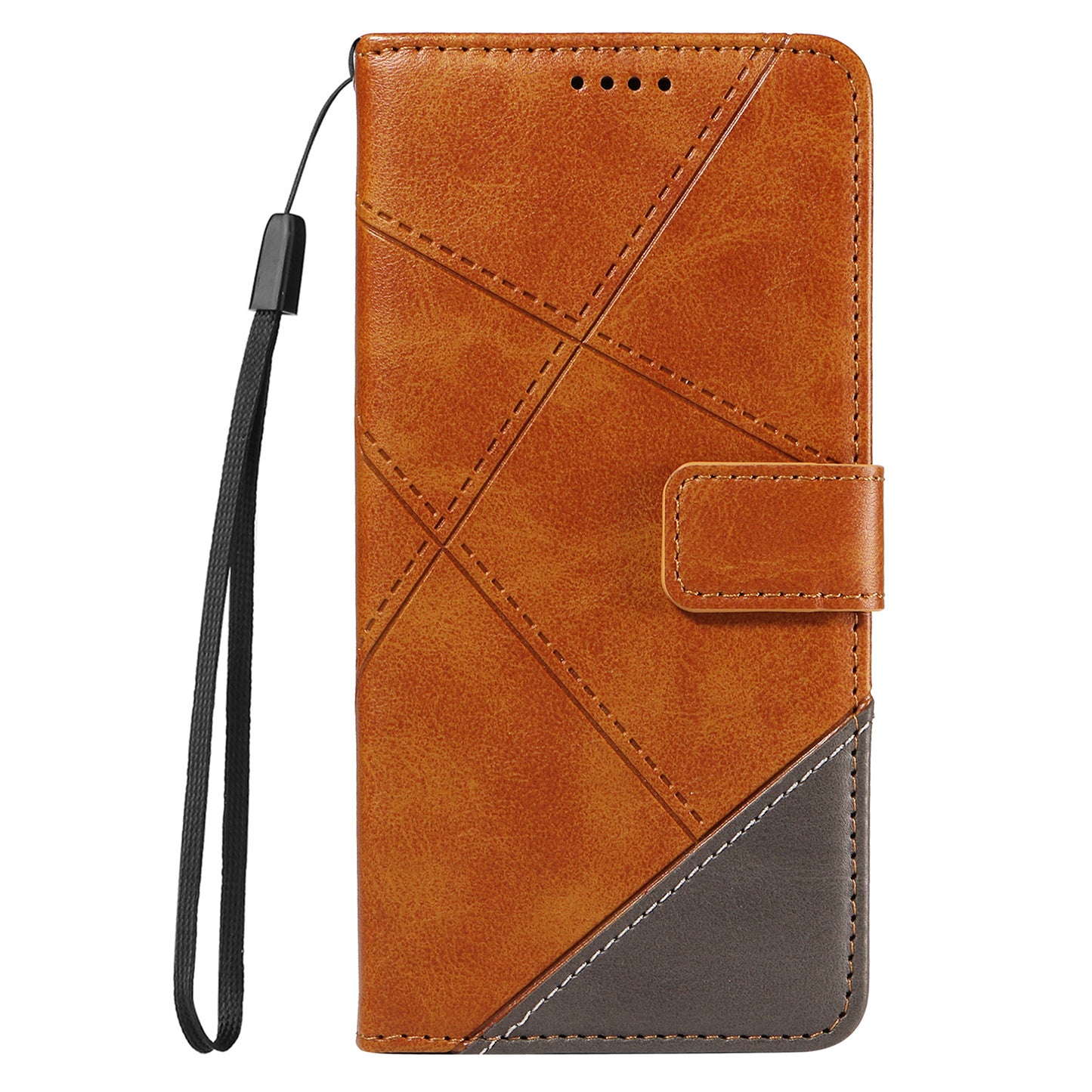 For Samsung Galaxy A16 5G / A16 4G Case Leather Geometric Line Wallet Phone Cover with Wrist Strap - Brown