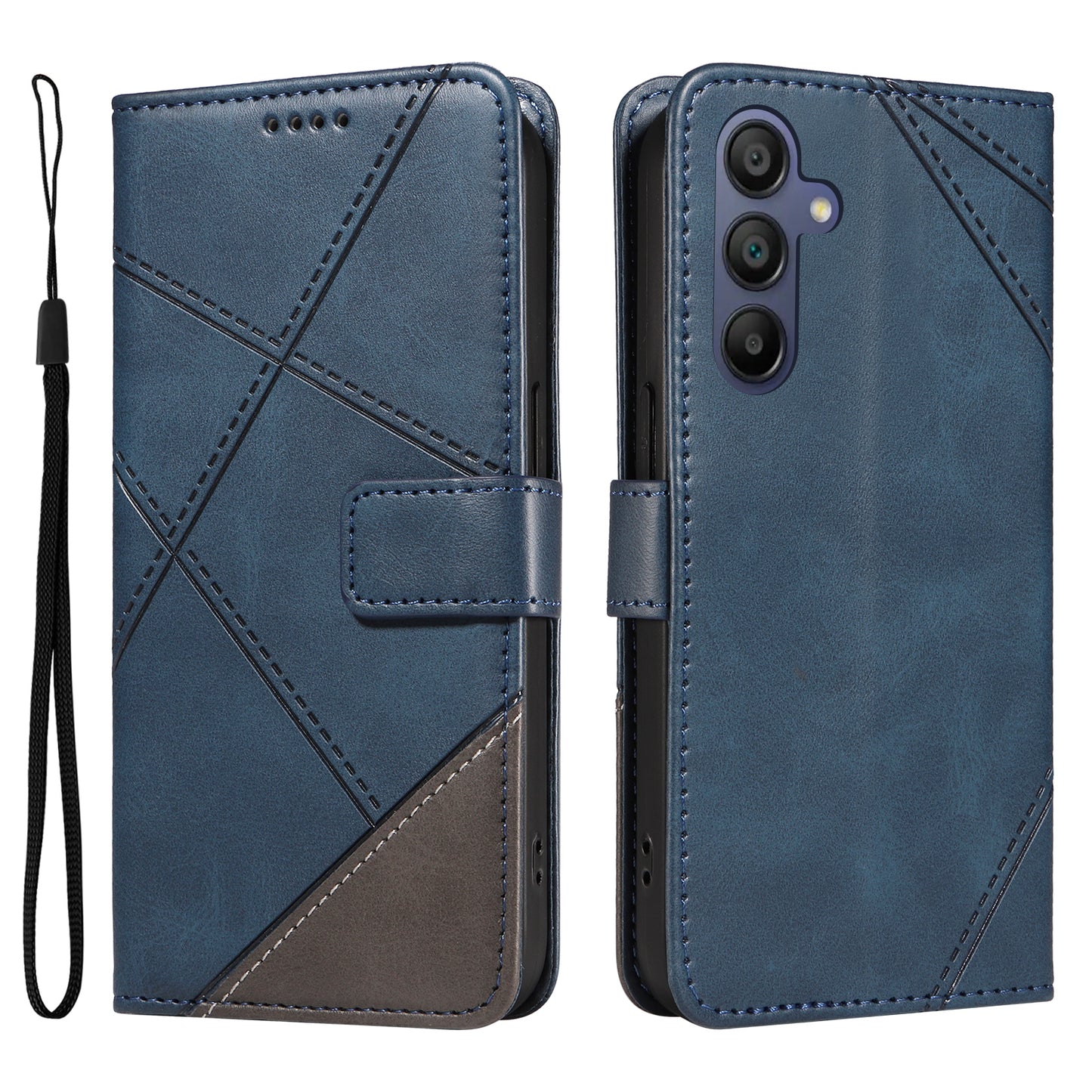 For Samsung Galaxy A16 5G / A16 4G Case Leather Geometric Line Wallet Phone Cover with Wrist Strap - Blue