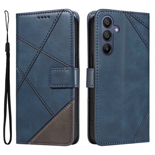 For Samsung Galaxy A16 5G / A16 4G Case Leather Geometric Line Wallet Phone Cover with Wrist Strap - Blue