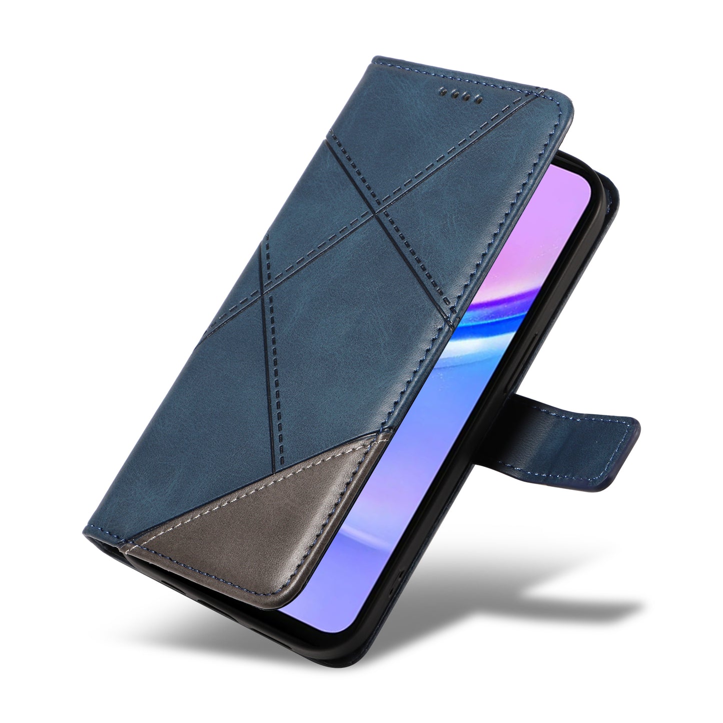 For Samsung Galaxy A16 5G / A16 4G Case Leather Geometric Line Wallet Phone Cover with Wrist Strap - Blue