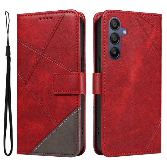 For Samsung Galaxy A16 5G / A16 4G Case Leather Geometric Line Wallet Phone Cover with Wrist Strap - Red