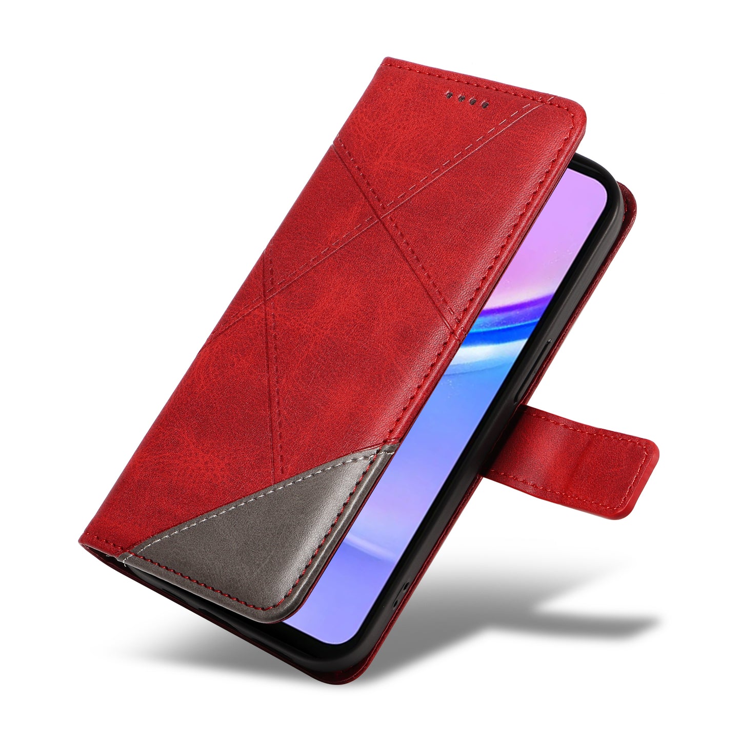 For Samsung Galaxy A16 5G / A16 4G Case Leather Geometric Line Wallet Phone Cover with Wrist Strap - Red