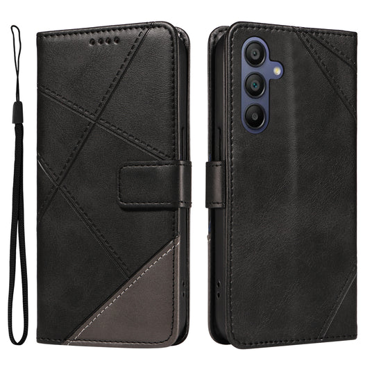 For Samsung Galaxy A16 5G / A16 4G Case Leather Geometric Line Wallet Phone Cover with Wrist Strap - Black