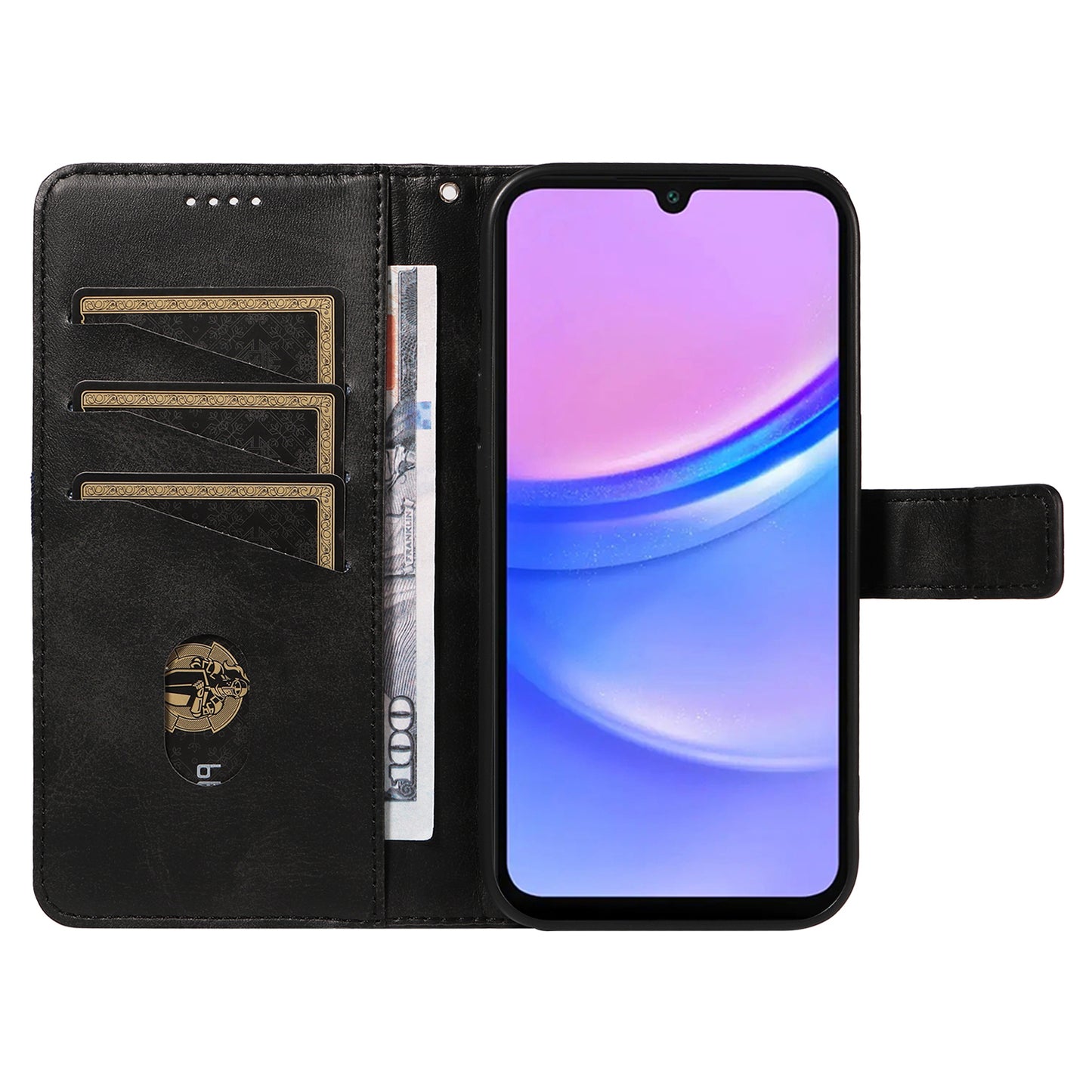 For Samsung Galaxy A16 5G / A16 4G Case Leather Geometric Line Wallet Phone Cover with Wrist Strap - Black